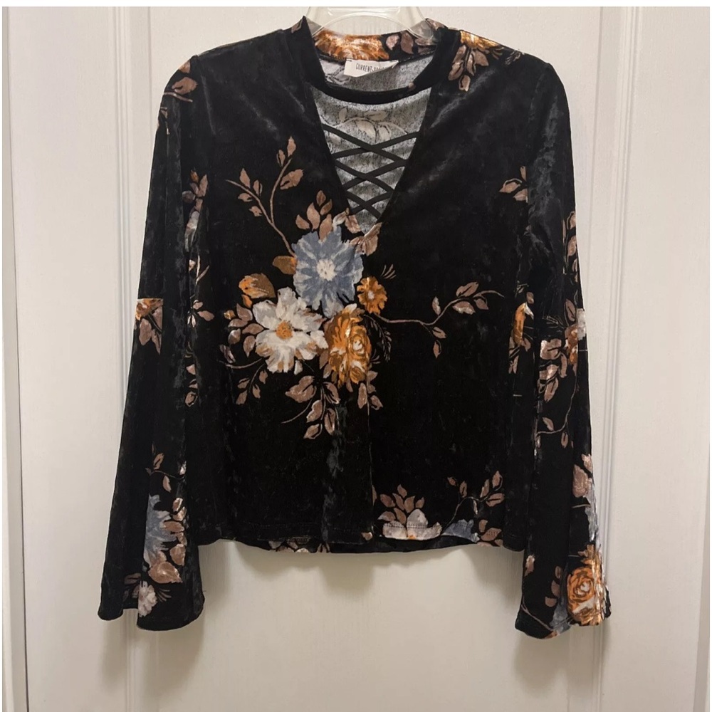 Y2K style Current Project top black floral bell sleeve velvet crisscross sz. Med